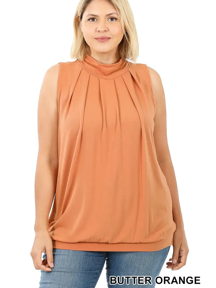 SI-15592 Plus Size High Neck Pleated Top with Waistband