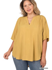 SI-22863 Plus Size Woven Split Neck Short Sleeve Top