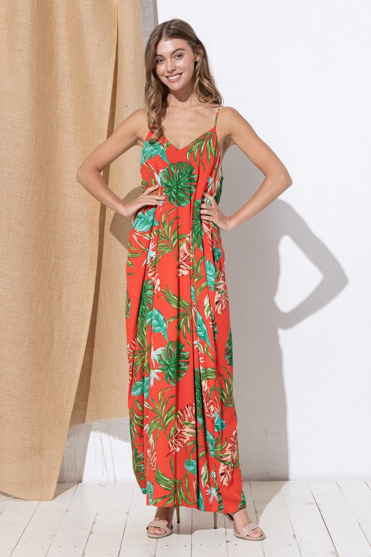 DY-C9676-Print Maxi Dress with Adjustable Straps