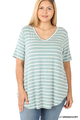 SI-22149 Plus Size Stripe V-Neck Short Sleeve Top