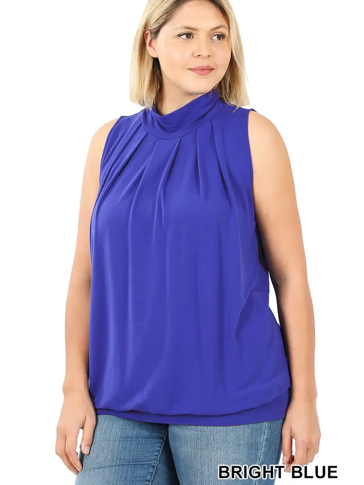 SI-15592 Plus Size High Neck Pleated Top with Waistband