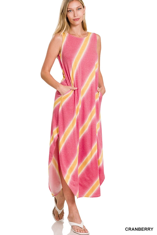 SI-23973 Diagonal Striped Print Sleeveless Maxi Dress with S