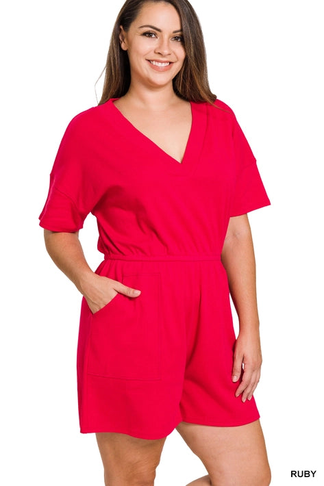 SI-22085 Plus Drop Shoulder V Neck Romper with Pockets