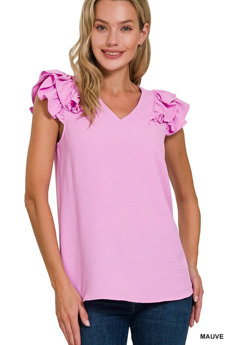 SI-25823 Woven Airflow Tiered Ruffle Sleeve Top