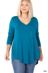 SI-15547 Plus Size Luxe Rayon Long Sleeve V-Neck Hi-Low Hem Top