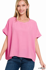 SI-25649 Woven Bubble Airflow Round Neck Short Sleeve Top