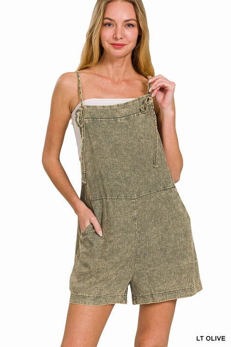 SI-25898 Washed Linen Knot Strap Rompers