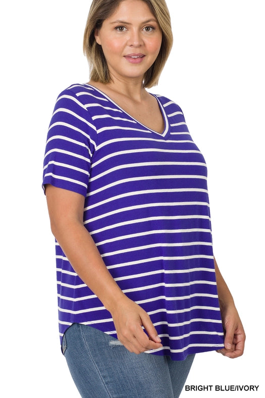 SI-22149 Plus Size Stripe V-Neck Short Sleeve Top