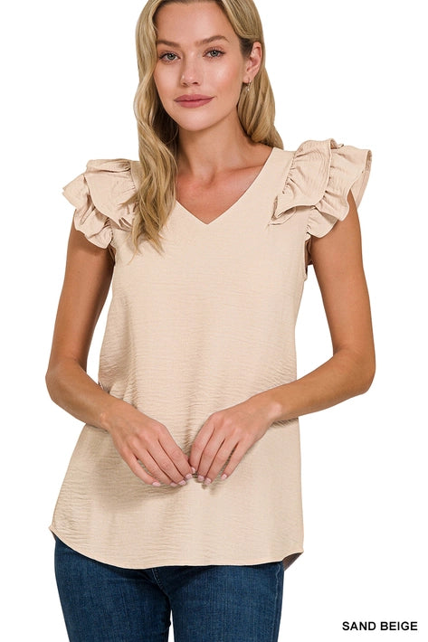 SI-25823 Woven Airflow Tiered Ruffle Sleeve Top