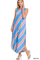 SI-23973 Diagonal Striped Print Sleeveless Maxi Dress with S