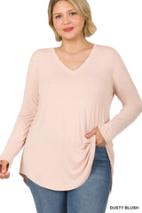 SI-15547 Plus Size Luxe Rayon Long Sleeve V-Neck Hi-Low Hem Top