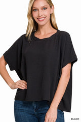 SI-25649 Woven Bubble Airflow Round Neck Short Sleeve Top