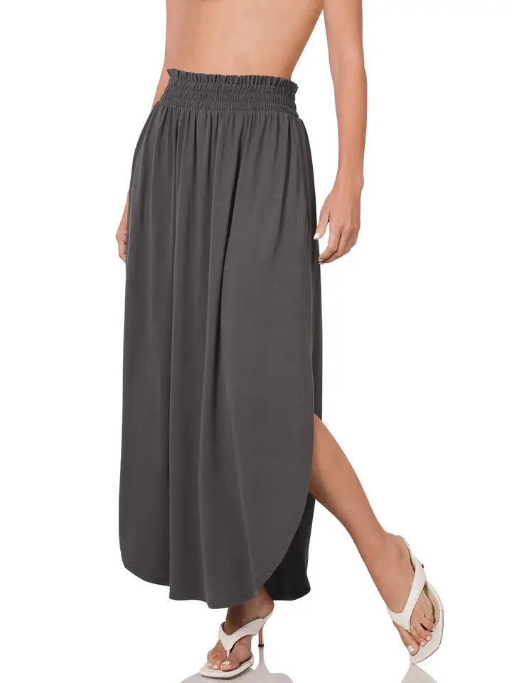 SI-23678 Smocked Waist Side Slit Maxi Skirt with Pockets