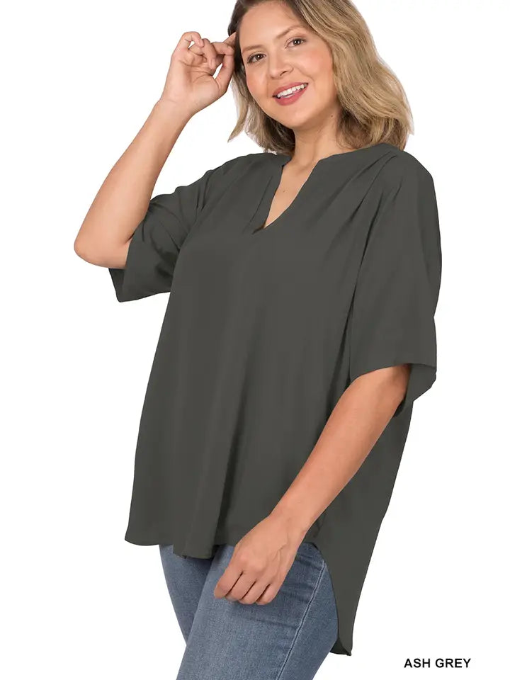 SI-22863 Plus Size Woven Split Neck Short Sleeve Top