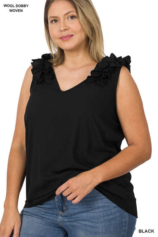 SI-22642 Plus Size Woven Wool Dobby Ruffle Trim Sleeveless Top