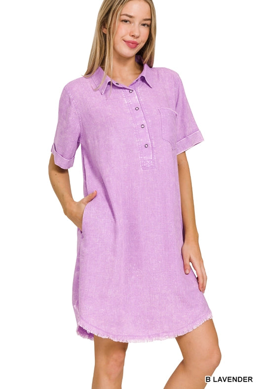 SI-25619 Washed Linen Raw Edge Button Down V-Neck Dress