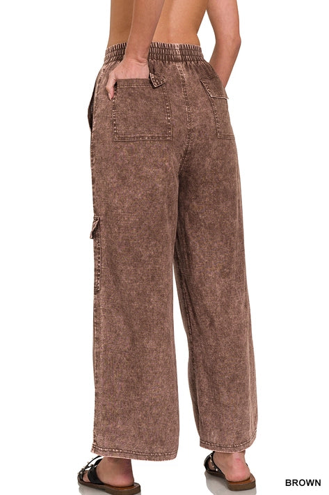 SI-25974 Washed Linen Elastic Band Waist Cargo Pants