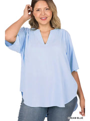 SI-22863 Plus Size Woven Split Neck Short Sleeve Top