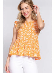 SI-24736 Slim Fit Ruffle Sleeveless Peplum Print Knit Top