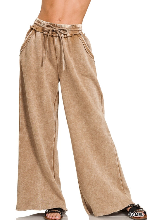 SI-26056 Acid Wash Fleece Palazzo Sweatpants with Pockets