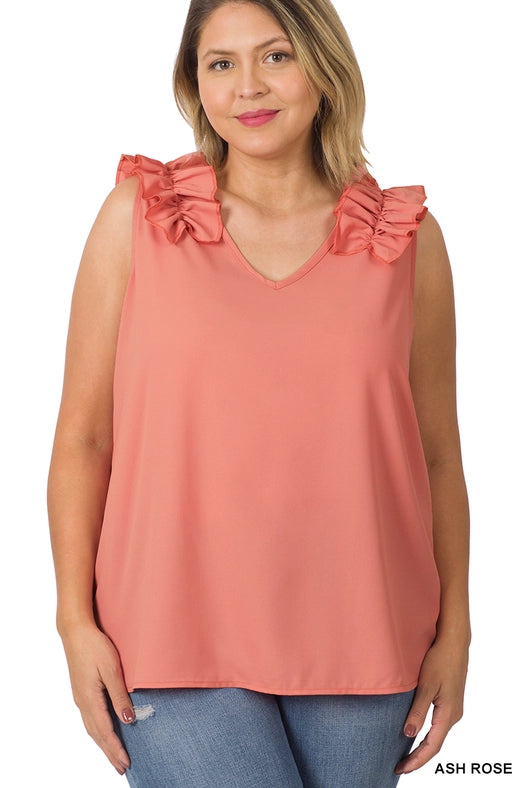 SI-22642 Plus Size Woven Wool Dobby Ruffle Trim Sleeveless Top