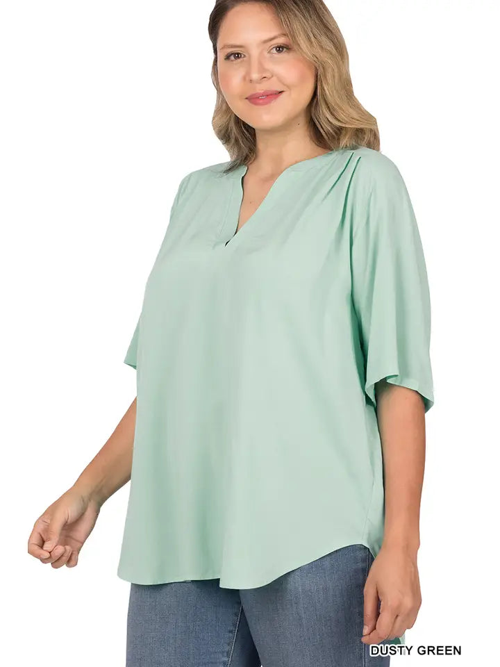 SI-22863 Plus Size Woven Split Neck Short Sleeve Top