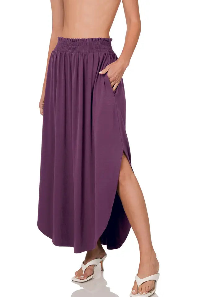 SI-23678 Smocked Waist Side Slit Maxi Skirt with Pockets