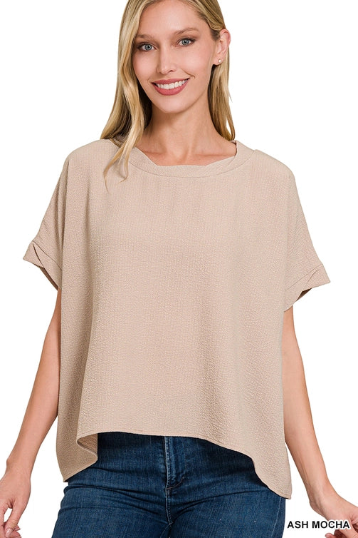 SI-25649 Woven Bubble Airflow Round Neck Short Sleeve Top