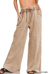 SI-26056 Acid Wash Fleece Palazzo Sweatpants with Pockets