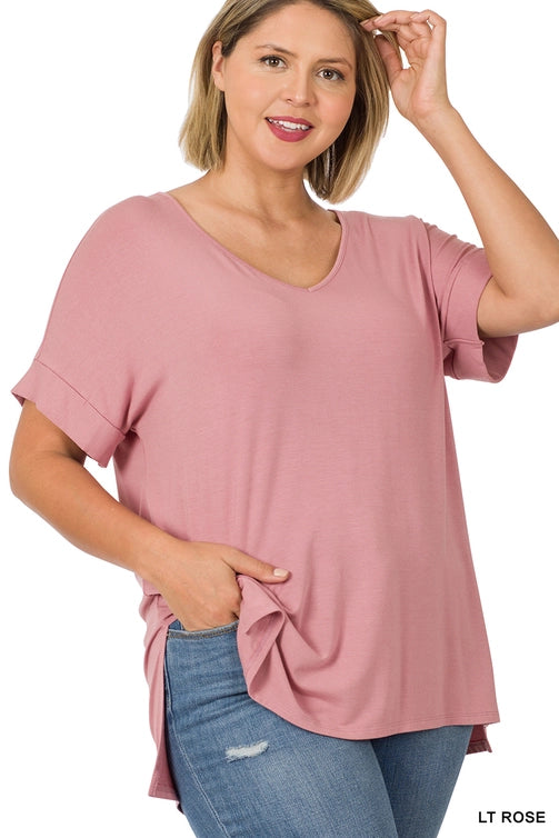 SI-21983 Plus Size Real Modal Short Sleeve V-Neck Top