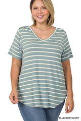 SI-22149 Plus Size Stripe V-Neck Short Sleeve Top