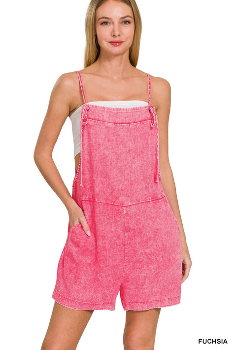 SI-25898 Washed Linen Knot Strap Rompers