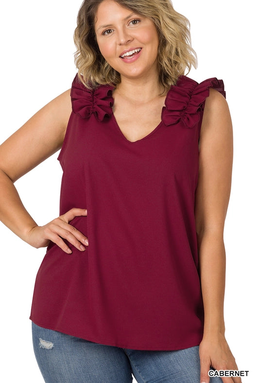 SI-22642 Plus Size Woven Wool Dobby Ruffle Trim Sleeveless Top