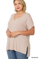 SI-21983 Plus Size Real Modal Short Sleeve V-Neck Top