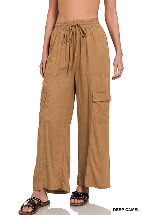 SI-25974 Washed Linen Elastic Band Waist Cargo Pants