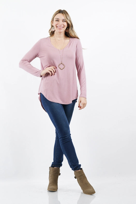 SI-15547 Plus Size Luxe Rayon Long Sleeve V-Neck Hi-Low Hem Top