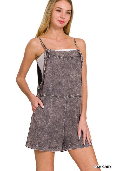 SI-25898 Washed Linen Knot Strap Rompers