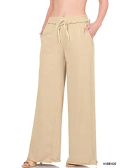 SI-22703 French Terry Drawstring Waist Raw Edge Hem Pants