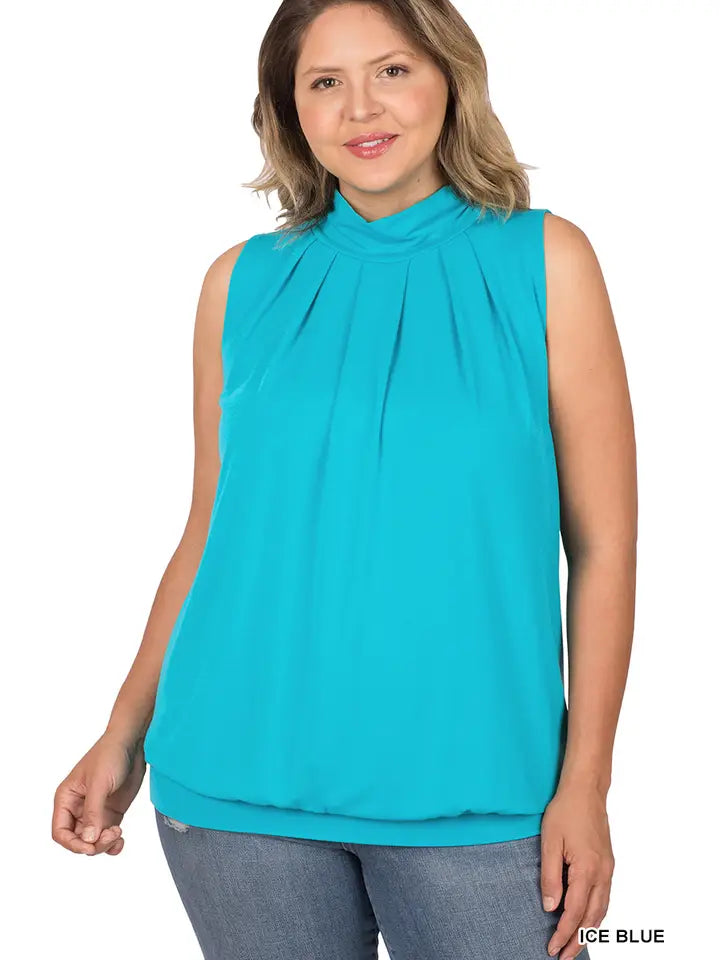 SI-15592 Plus Size High Neck Pleated Top with Waistband