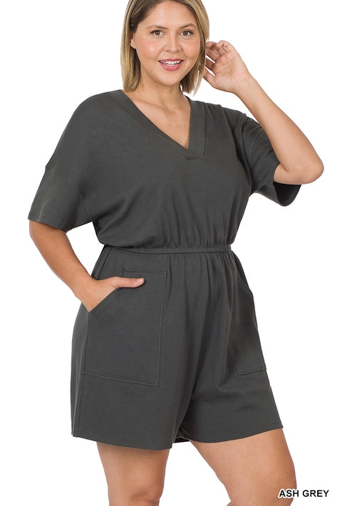 SI-22085 Plus Drop Shoulder V Neck Romper with Pockets