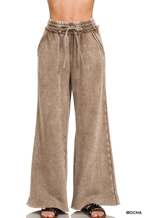 SI-26056 Acid Wash Fleece Palazzo Sweatpants with Pockets