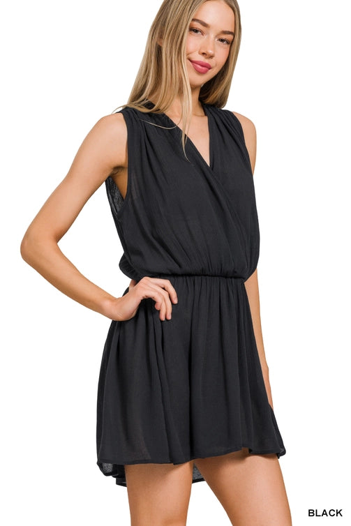 SI-25919 Elastic Waist Draped Romper with Tie Open Back