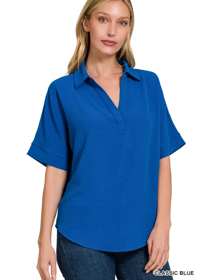 SI-25661 Woven Airflow Collared V-Neck Short Sleeve Top