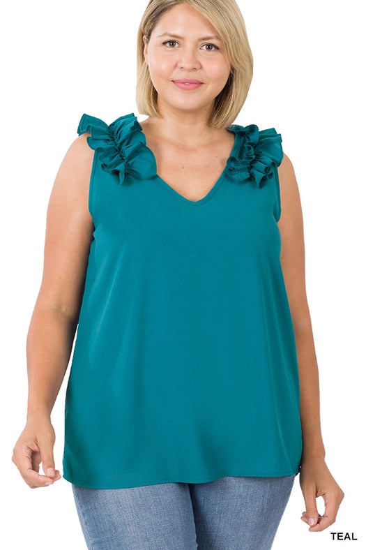 SI-22642 Plus Size Woven Wool Dobby Ruffle Trim Sleeveless Top