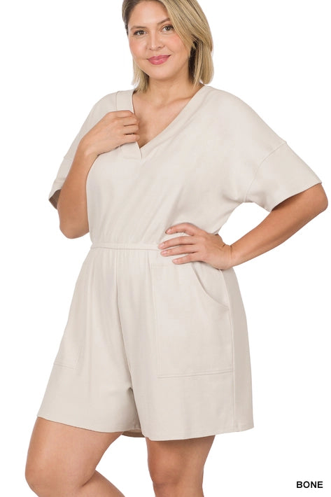 SI-22085 Plus Drop Shoulder V Neck Romper with Pockets