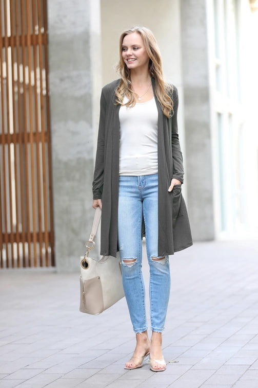 SI-23592 Long Sleeve Slouchy Pocket Open Cardigan