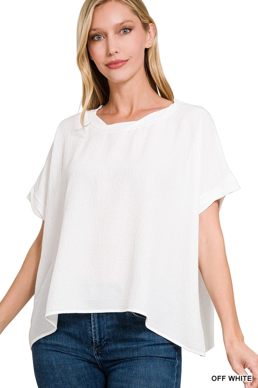 SI-25649 Woven Bubble Airflow Round Neck Short Sleeve Top