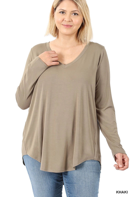 SI-15547 Plus Size Luxe Rayon Long Sleeve V-Neck Hi-Low Hem Top