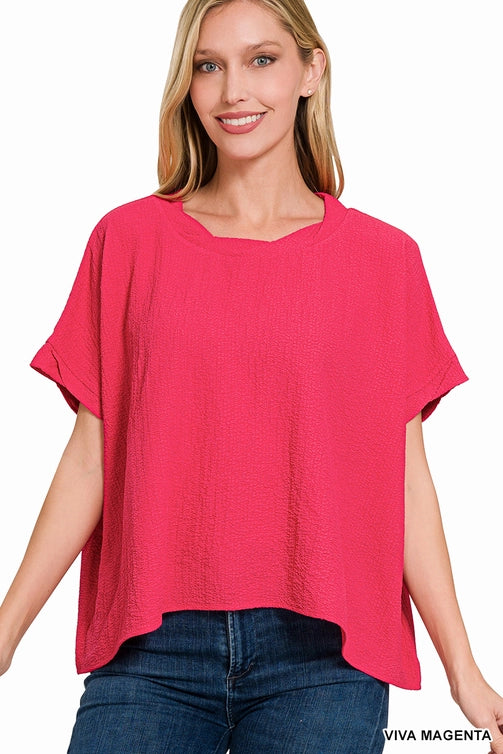 SI-25649 Woven Bubble Airflow Round Neck Short Sleeve Top