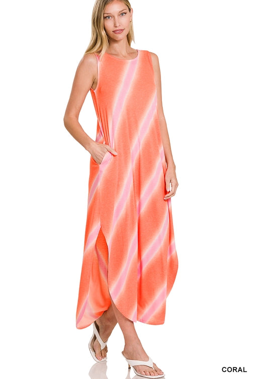 SI-23973 Diagonal Striped Print Sleeveless Maxi Dress with S